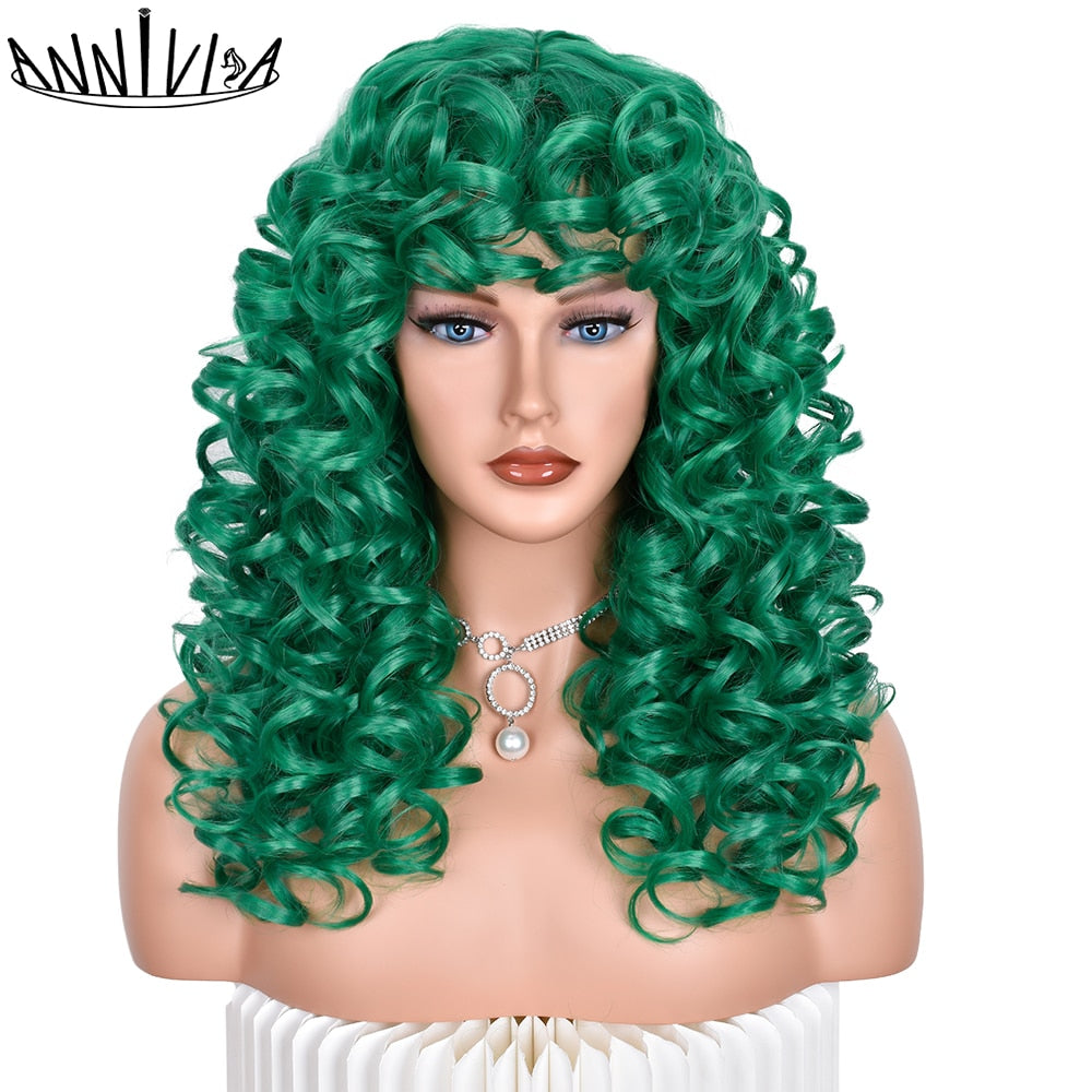 Red Brown Curly wigs with Bangs Natural Synthetic Long Wavy Wigs for Women Afro Cosplay Daily Heat Resistant Hair Wig