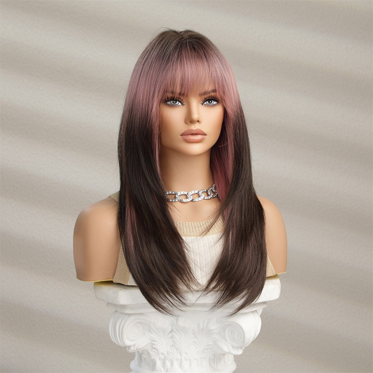 Synthetic Wigs Ombre Pink Brown Wig With Bangs Layered Hair Cosplay Daily Party Natural Heat Resistant Wigs for Women