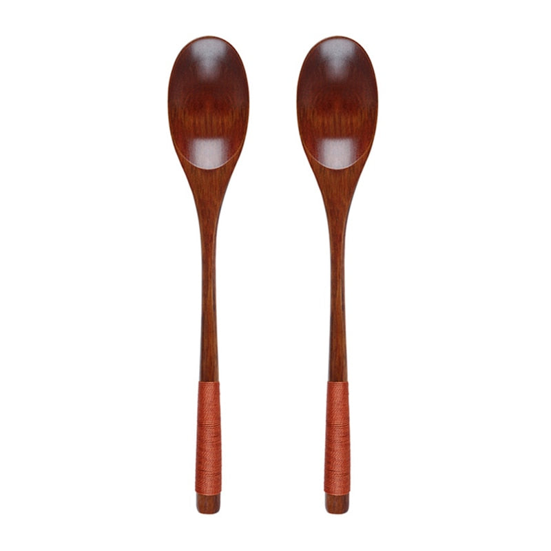 2Pcs Wooden Spoon Fork Dinnerware Set Long Wood Spoon and Fork Set Dessert Soup Spoon Dining Fork Portable Cutlery Tableware