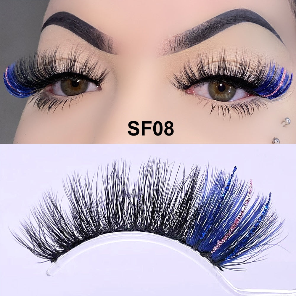 5D Fluffy 18-22MM Glitter Mink Lashes 1 Pair Party Colored Mink Eyelashes Box Package Rainbow Pink White Fake Eyelashes