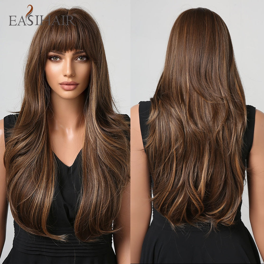 Long Straight Bangs Wigs Natural Ombre Dark Brown Synthetic Hair Wig for Women Daily Cosplay Party Heat Resistant Fiber