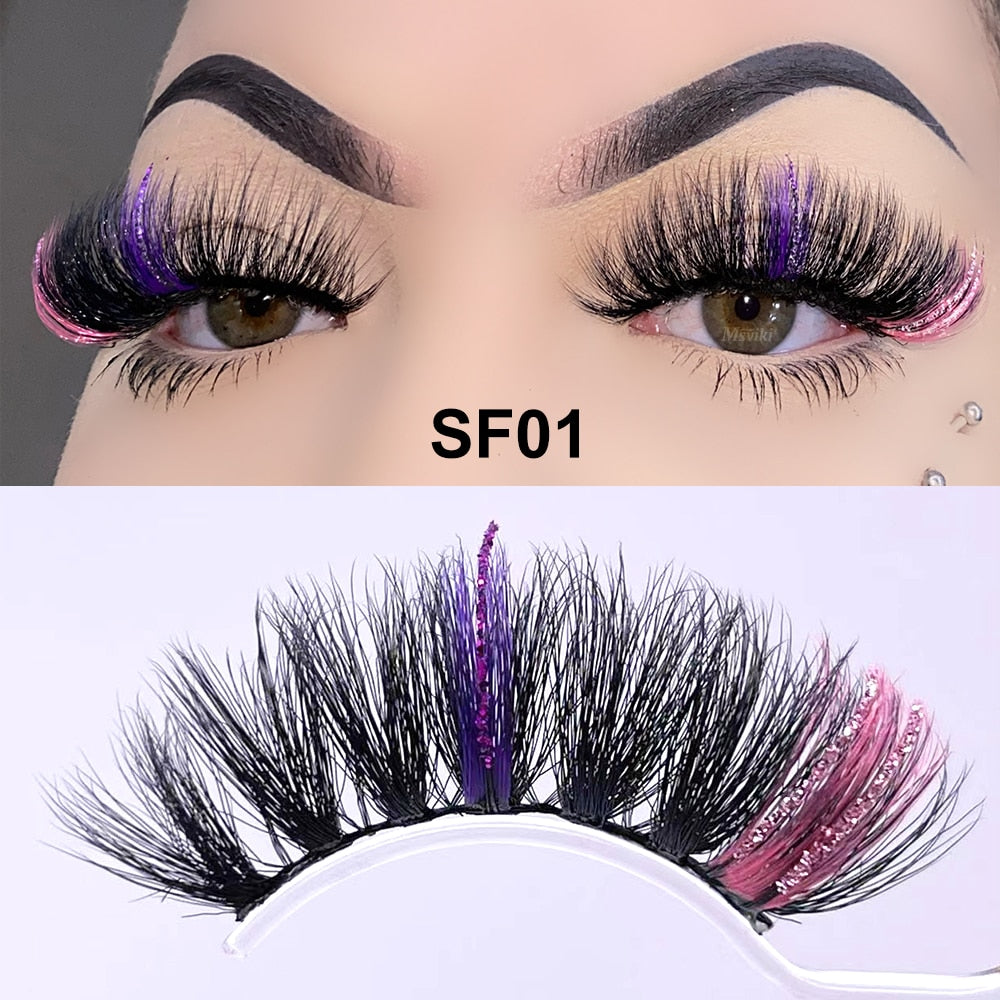 5D Fluffy 18-22MM Glitter Mink Lashes 1 Pair Party Colored Mink Eyelashes Box Package Rainbow Pink White Fake Eyelashes