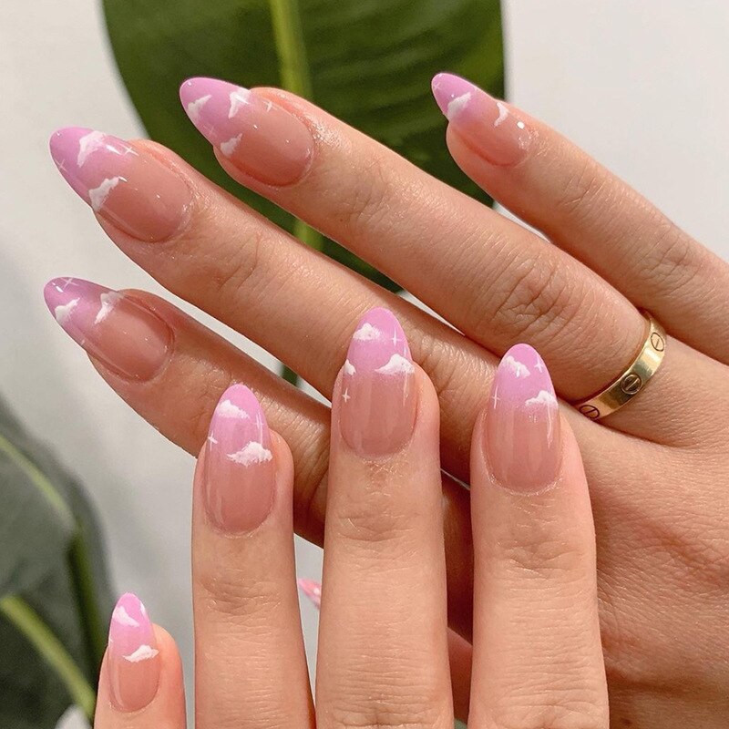 24pcs Almond Full Cover y2k black Sweet Fake Nails with glue cool Stiletto press on nails French artificial Nails With designs