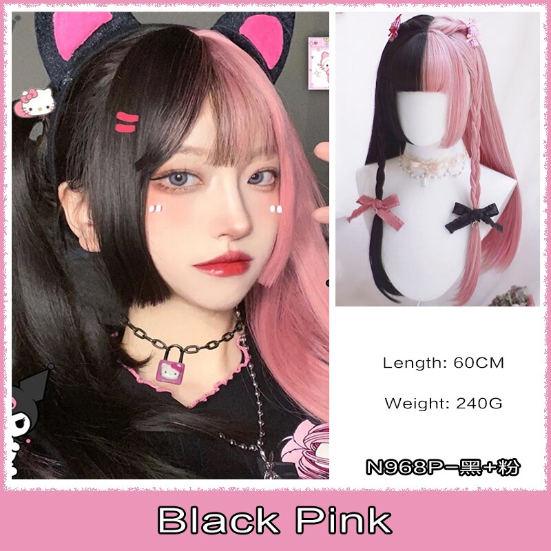 Cosplay Wig With Bangs Synthetic Straight Hair 24 Inch Long Heat-Resistant Pink Wig For Women