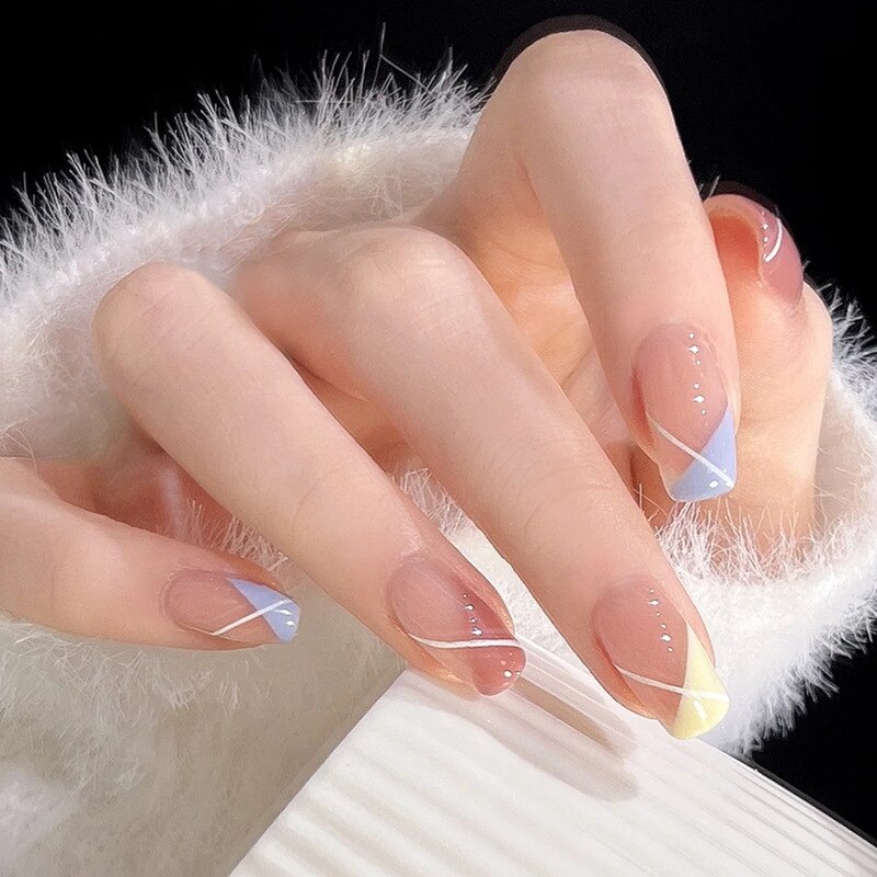 24pcs pink clouds design false nails with glue press on nails medium length acrylic nails coffin full cover nails tips supplies