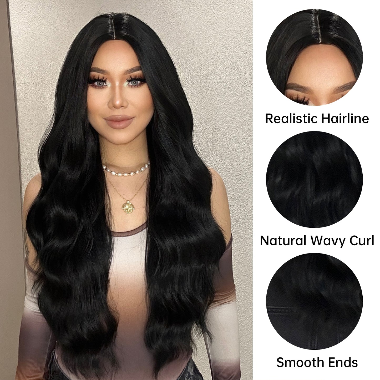 Long Wavy Black Natural Hair Wig Synthetic Middle Part Wigs for Black Women Heat Resistant Water Wave Cosplay Daily Use Wig