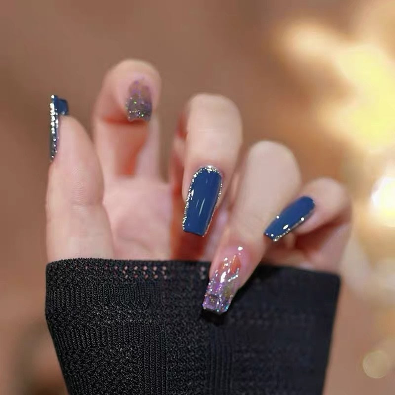 24pcs Butterfly decorated false nails Removable Long Paragraph Manicure fake nail tips full cover acrylic for girls nail