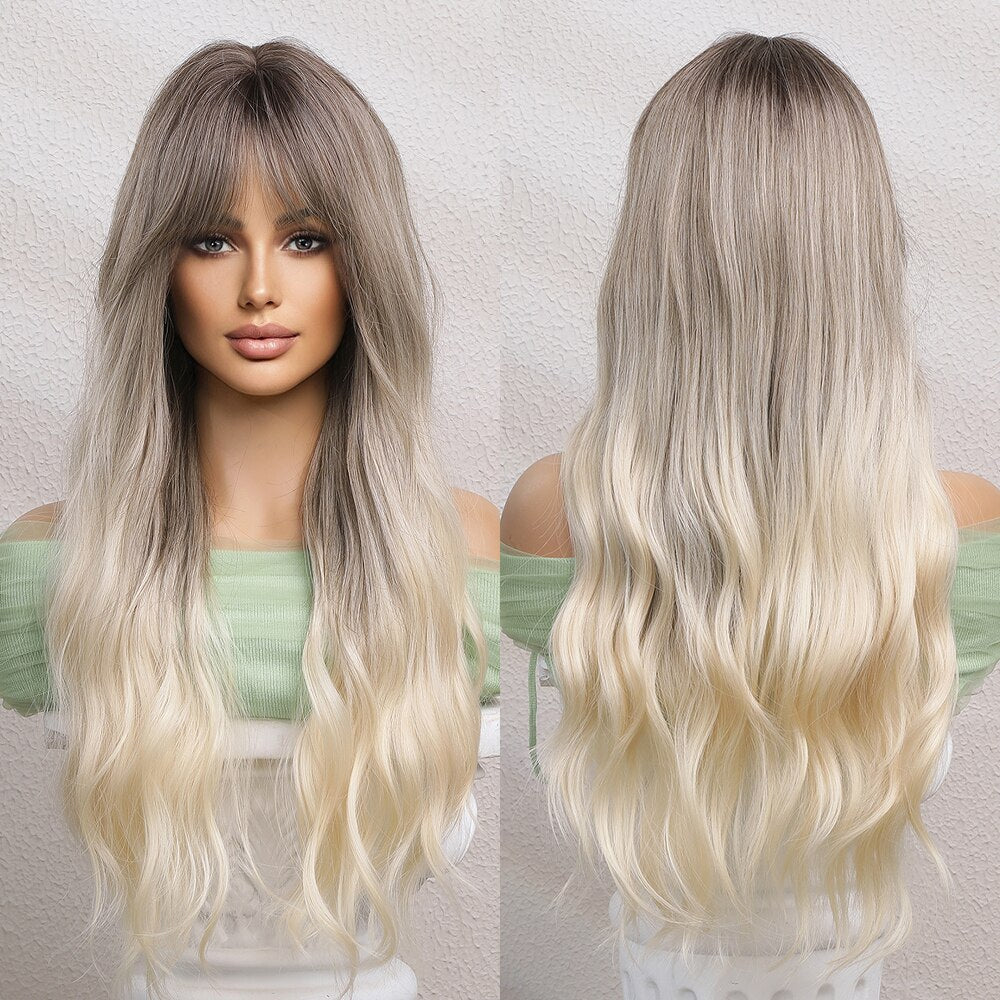 Synthetic Ombre brown to Light Blonde Hair Wig with Bangs Natural Wavy Wig for Women Cosplay Heat Resistant Fiber Wigs