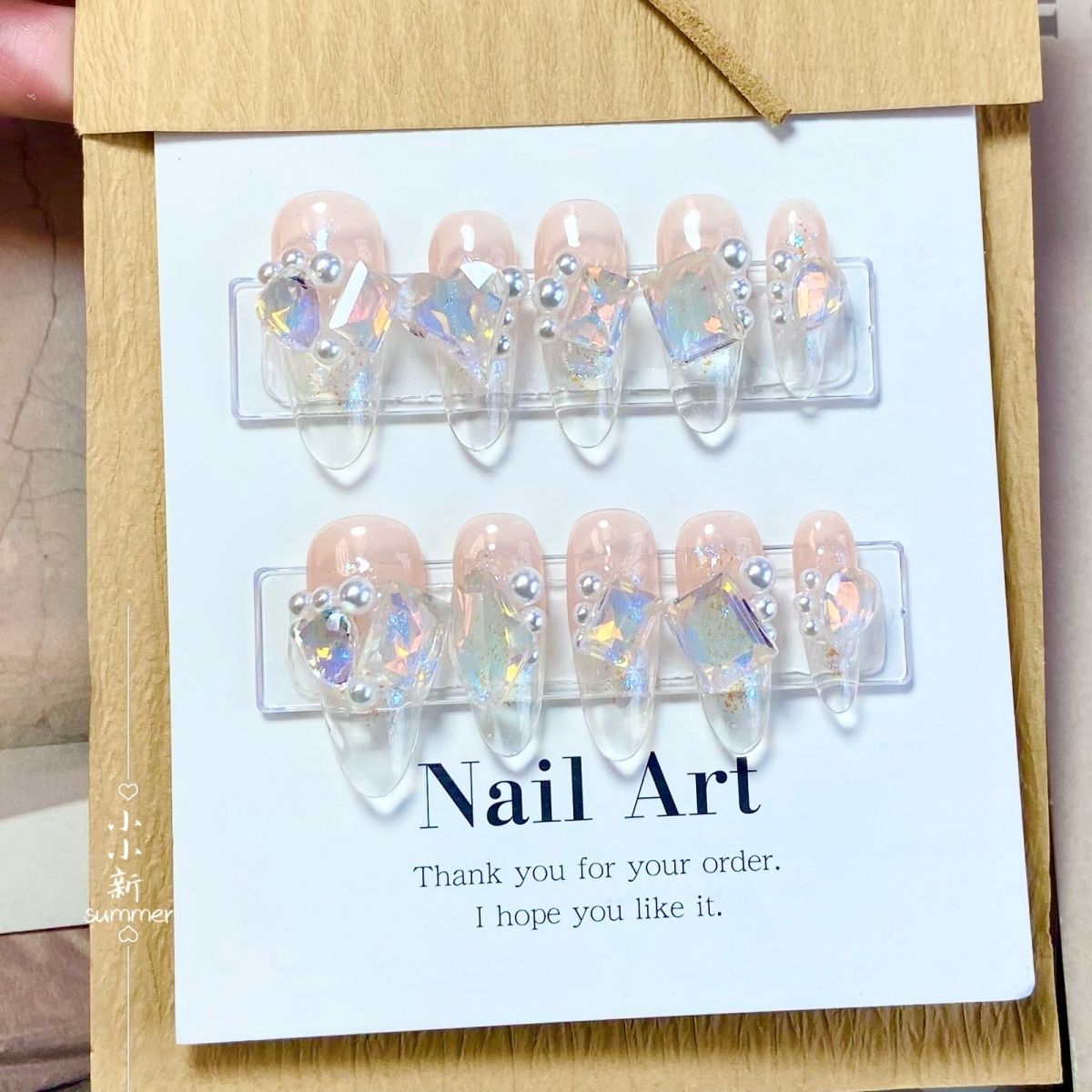 Sea Salt style Crystal Illusion Fake Nail Translucent Bottom Rhinestone Fingertip Clear Long Almond Handmade Wearable False Nail