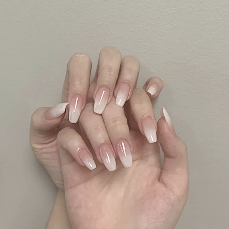 24pcs pink clouds design false nails with glue press on nails medium length acrylic nails coffin full cover nails tips supplies