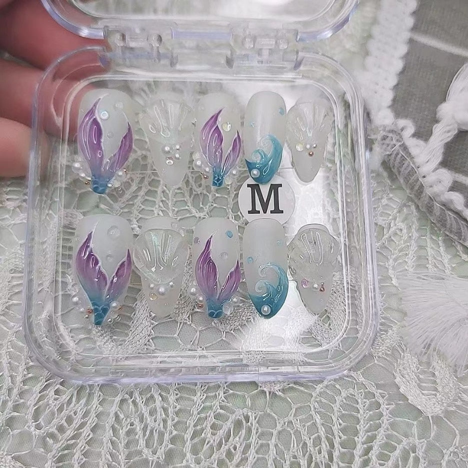 Fishtail Style Handmade Fake Nail Pink And  Blue With Pearls Medium T-shaped Removable And Reuse Press On Nail Sticker With Glue
