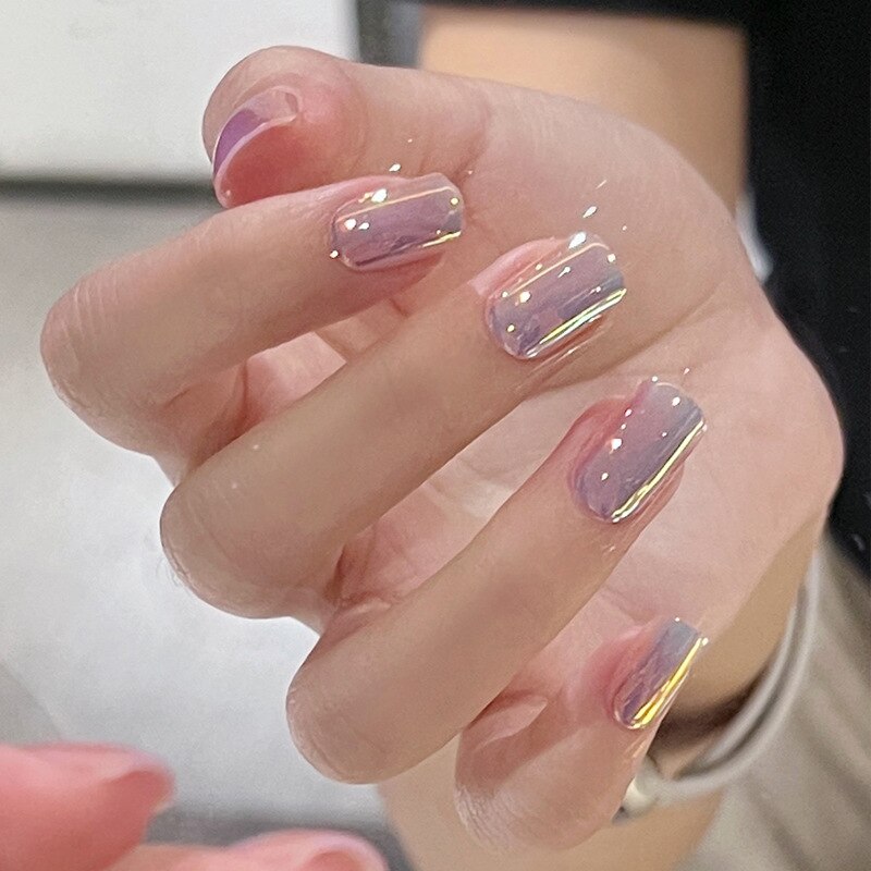 24pcs pink clouds design false nails with glue press on nails medium length acrylic nails coffin full cover nails tips supplies