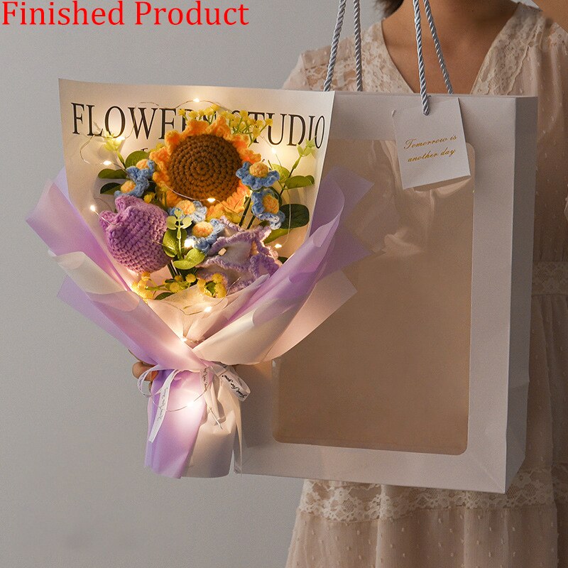 Finished Product Knitting Flowers Rose Tulip Fake Flowers Bouquet Wedding Decoration Hand-woven Home Decorate Knit Flower Gifts
