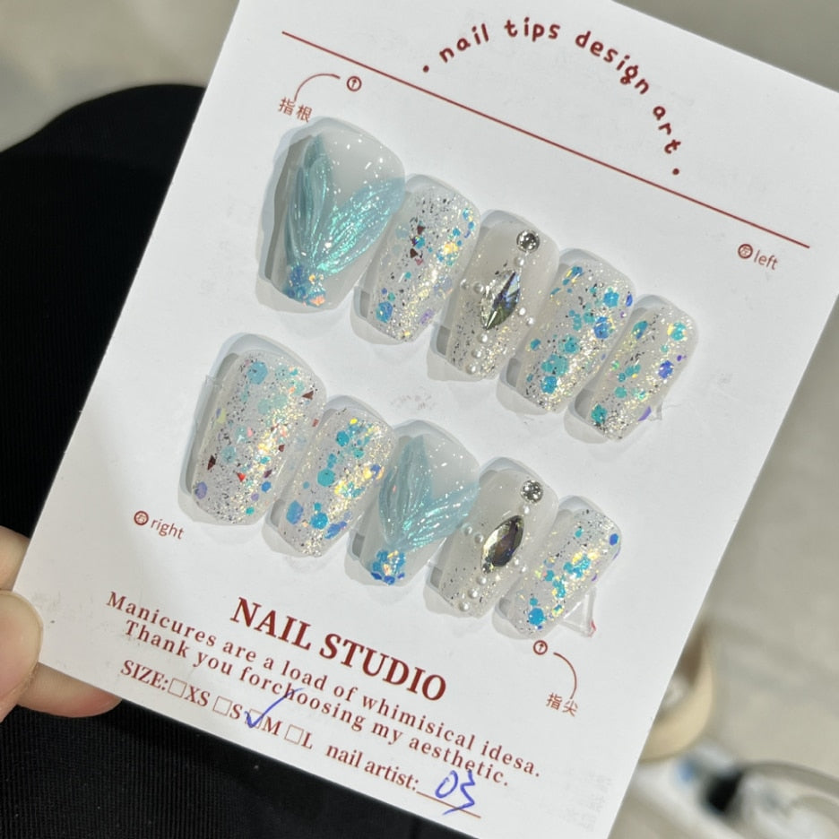 Fishtail Style Handmade Fake Nail Pink And  Blue With Pearls Medium T-shaped Removable And Reuse Press On Nail Sticker With Glue