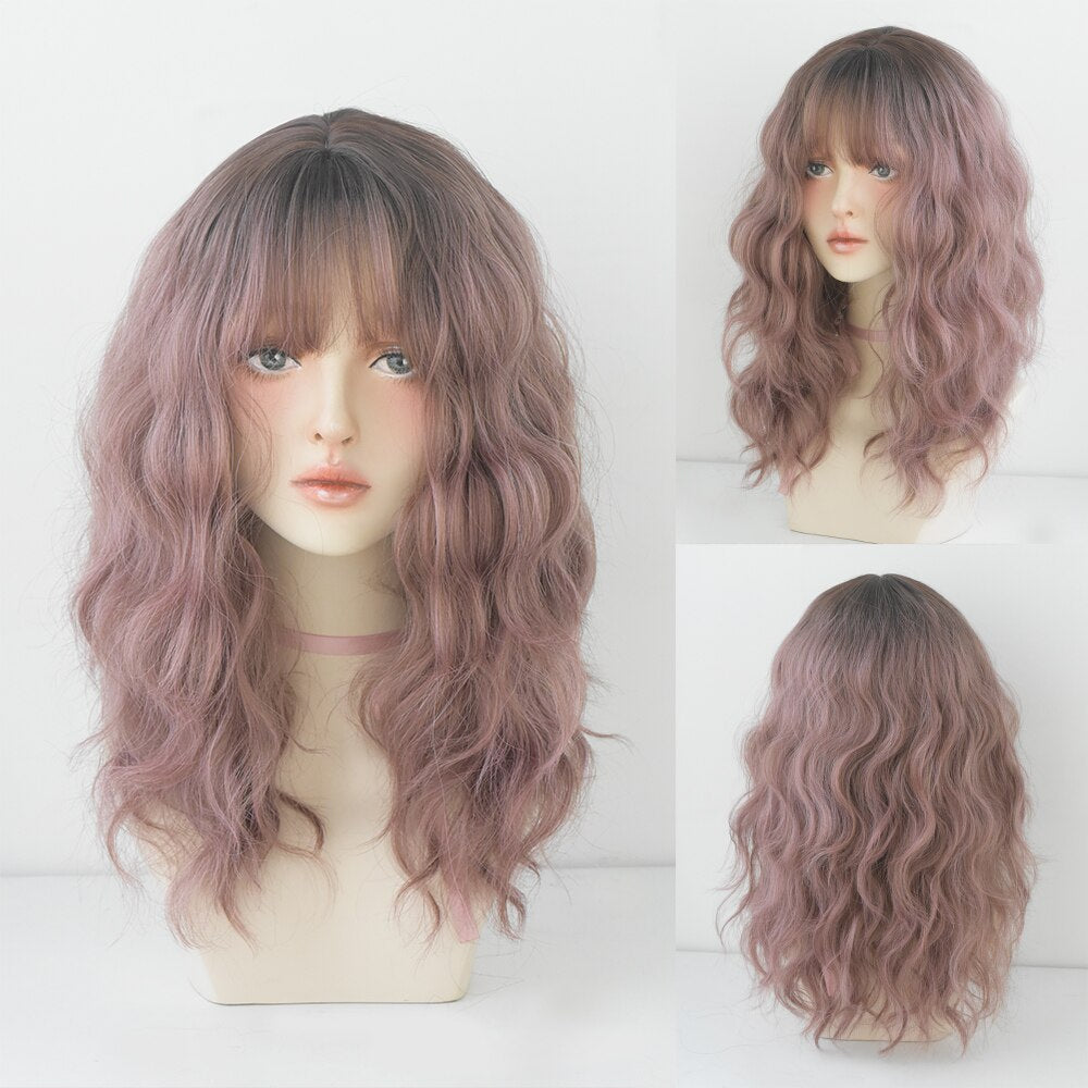 Long Curly Hair Women Wig with Bangs Daily Brown Black Pink Lolita Cosplay Braided Wigs Heat Resistant Fiber