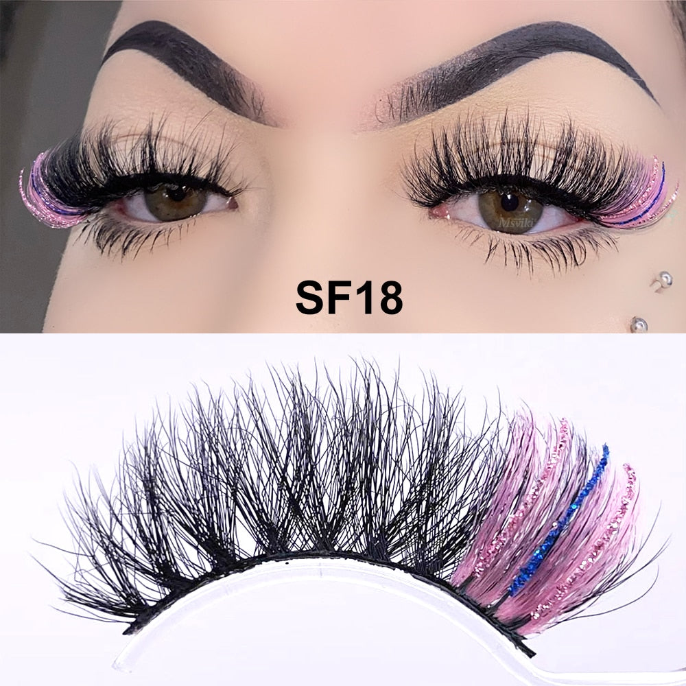 5D Fluffy 18-22MM Glitter Mink Lashes 1 Pair Party Colored Mink Eyelashes Box Package Rainbow Pink White Fake Eyelashes