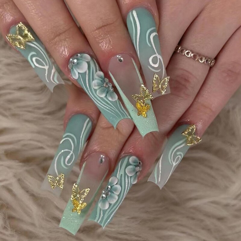 24Pcs Wearable False Nails with glue Long Ballerina Pink Press On Nails French Full Cover Coffin Fake Nails tip with rhinestones