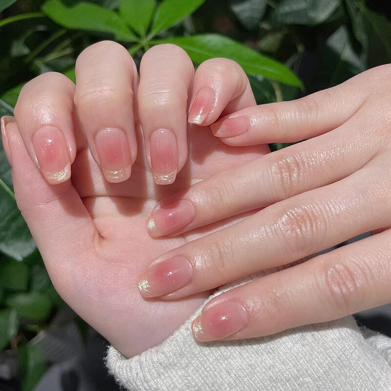 24pcs pink clouds design false nails with glue press on nails medium length acrylic nails coffin full cover nails tips supplies