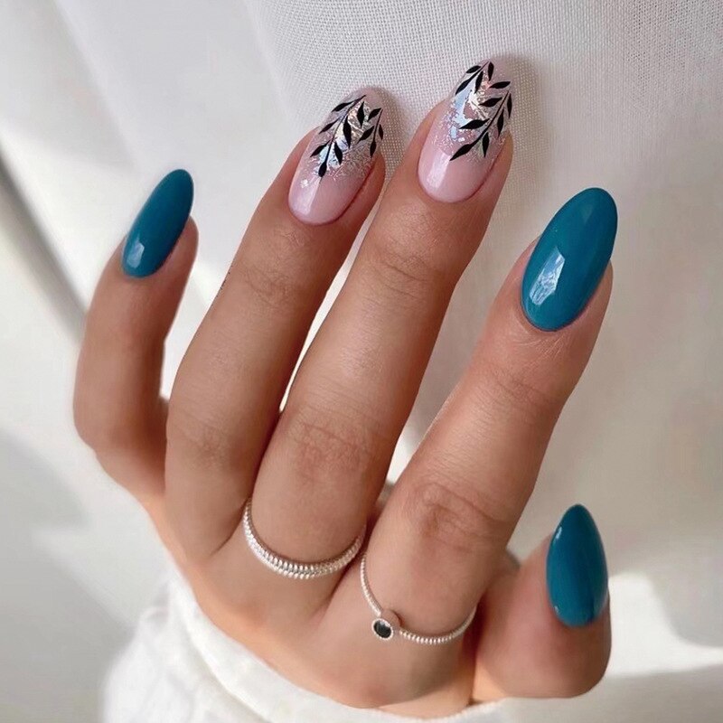 24pcs Almond Full Cover y2k black Sweet Fake Nails with glue cool Stiletto press on nails French artificial Nails With designs