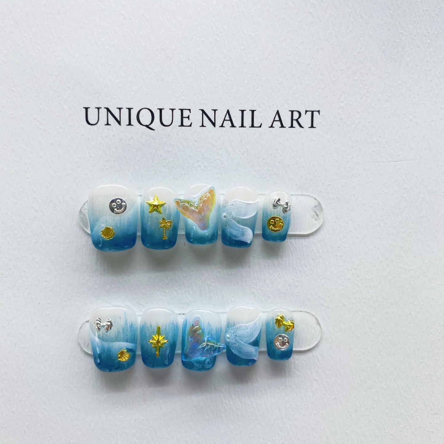 Blue Whale Handmade Wearable Fake Nails Mermaid Ocean Wearing Nails Sticker Reusable Press On Nail Patches Decoration