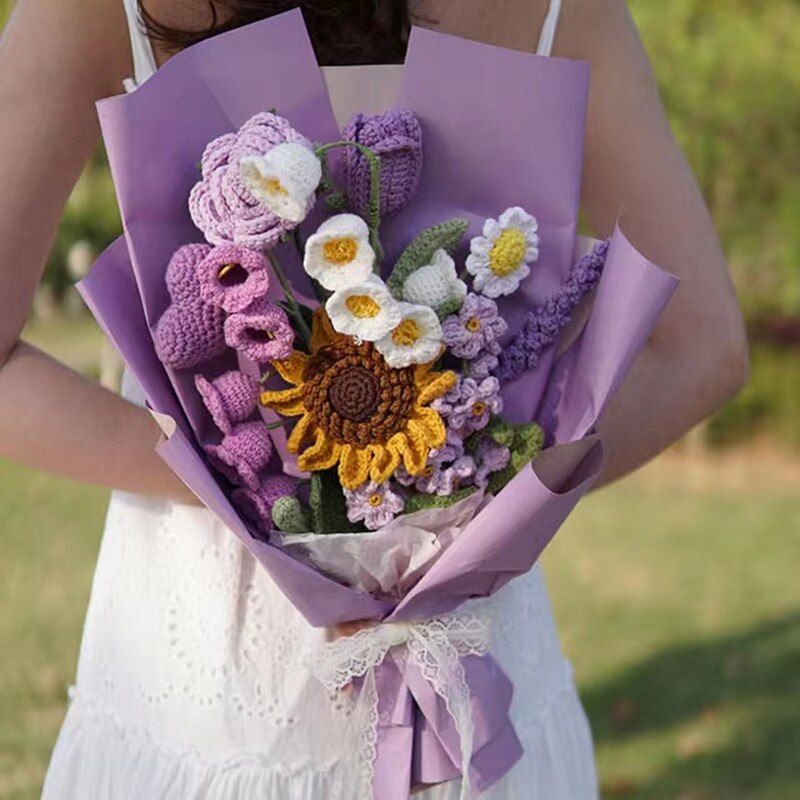 Knitting Flowers Rose Tulip Artificial Fake Flowers Bouquet Wedding Decoration Hand-woven Home Decorate Knit Fake Flower Gifts