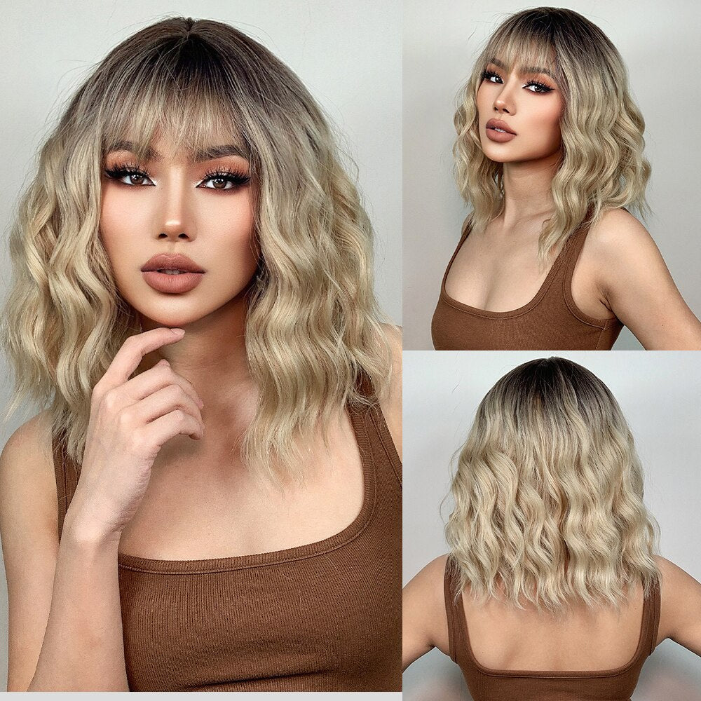Grey Wavy Bob Wigs With Bangs Short Blonde Wavy Bob With Dark Roots
