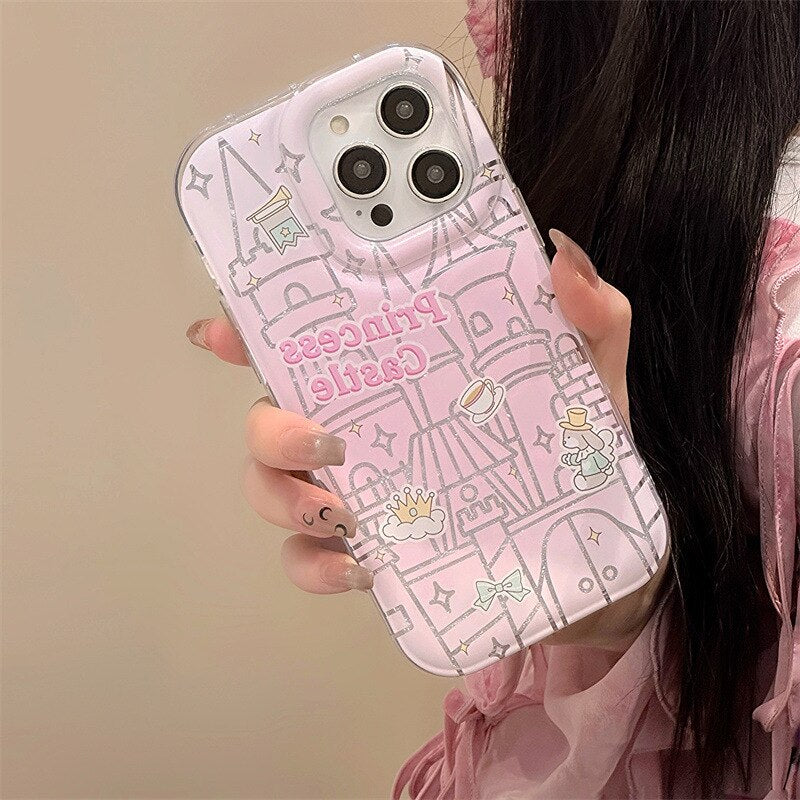 Retro glitter Pink castle Cartoon Bracelet Phone Case For iPhone 14 13 12 11 Pro Max Xr Xs 8 14 Plus Case Cute Sweet girls Cover