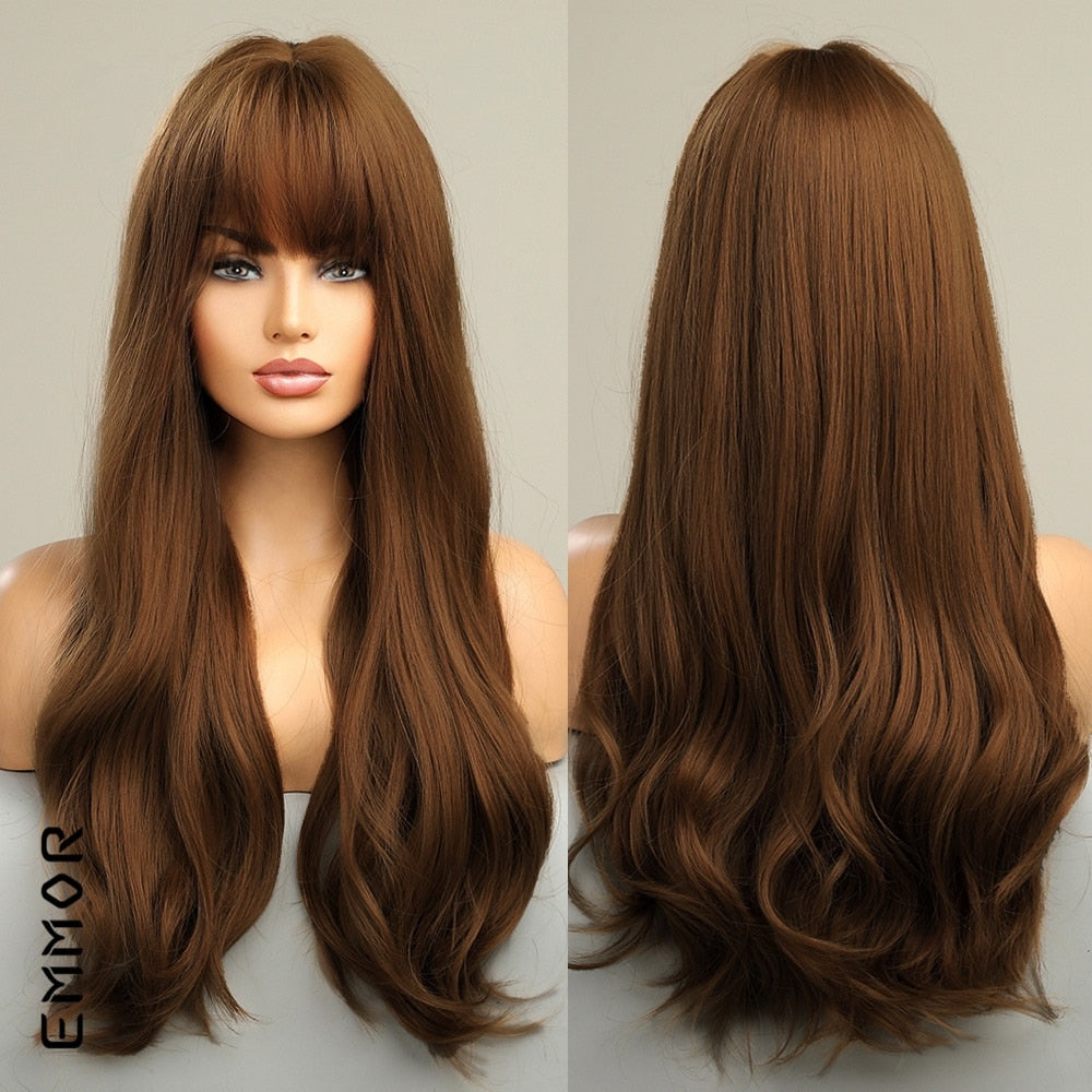 Synthetic Ombre brown to Light Blonde Hair Wig with Bangs Natural Wavy Wig for Women Cosplay Heat Resistant Fiber Wigs