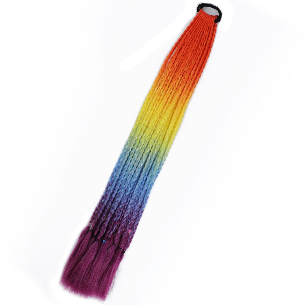 Colored Gradient Box Braided Ponytail For Girls With Elastic Hair Band Rubber Band Hair Accessories Wig Headband Hairpiece