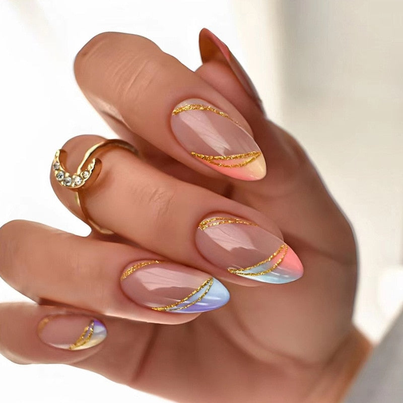 24pcs Almond Full Cover y2k black Sweet Fake Nails with glue cool Stiletto press on nails French artificial Nails With designs