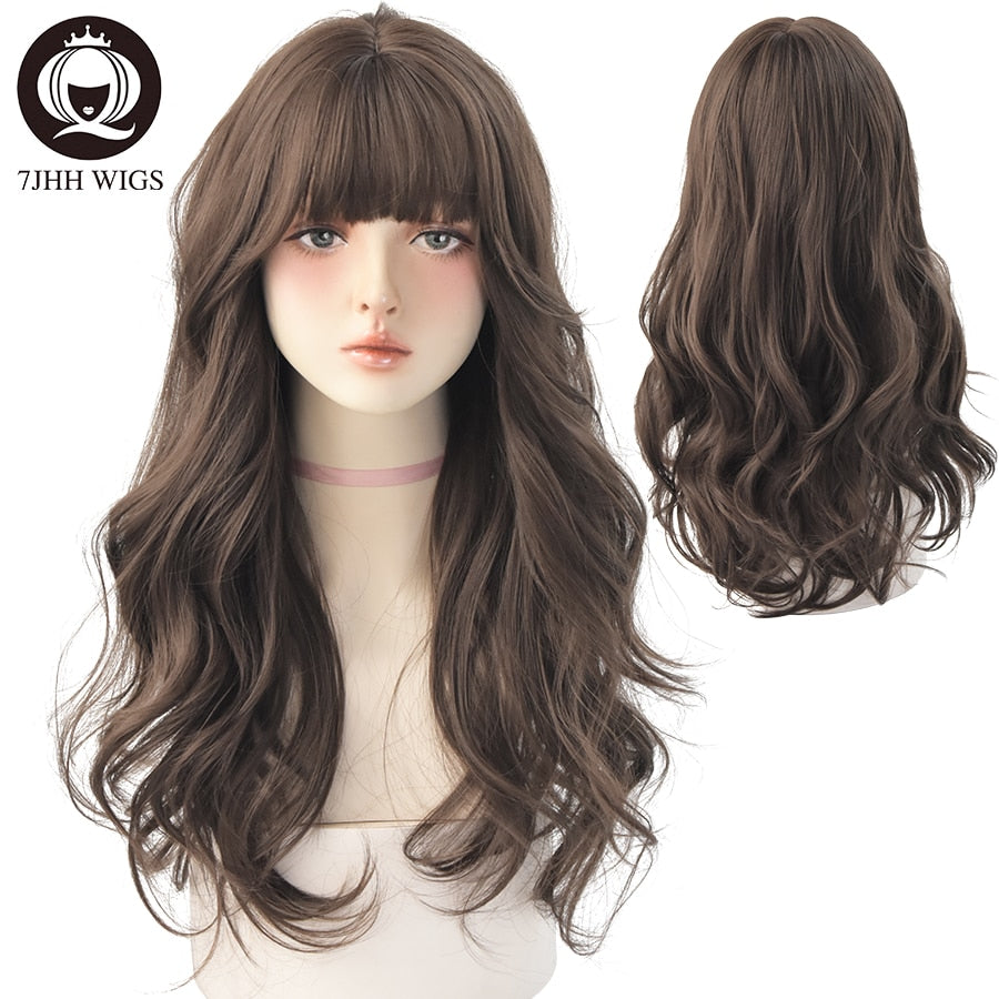 WIGS Brown Ash Long Deep Wave Hair Lolita Wigs With Bangs Synthetic Wig For Women Thick Curls Wigs