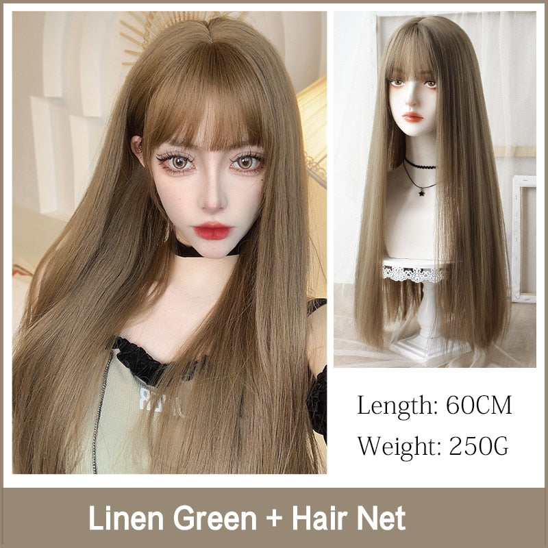 Cosplay Wig With Bangs Synthetic Straight Hair 24 Inch Long Heat-Resistant Pink Wig For Women