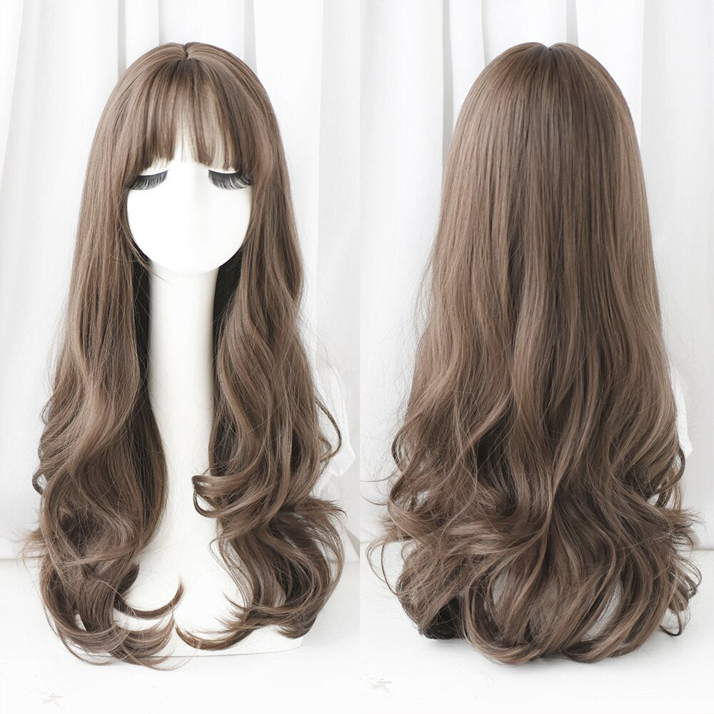 Long Curly Hair Women Wig with Bangs Daily Brown Black Pink Lolita Cosplay Braided Wigs Heat Resistant Fiber