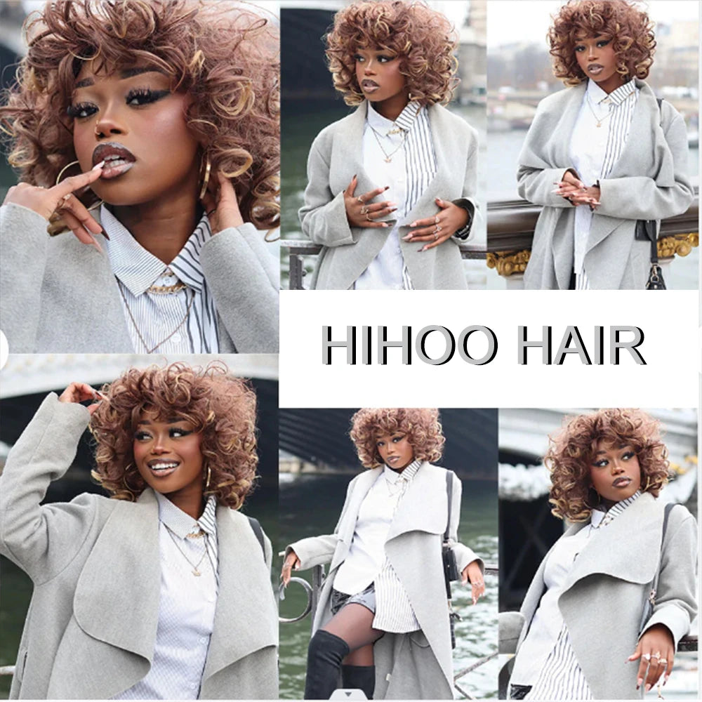 Synthetic Hair Short Afro Kinky Curly Wigs with Bangs For Black Women Cosplay Natural Hair Ombre Mixed Brown Blonde Wig