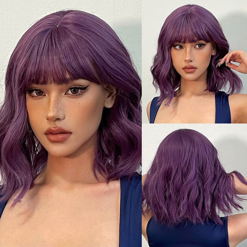 Blobde Ombre Short Bob Synthetic Wavy Wig with Bangs Shoulder Length Wigs for Women Natural Cosplay Hair Heat Resistant