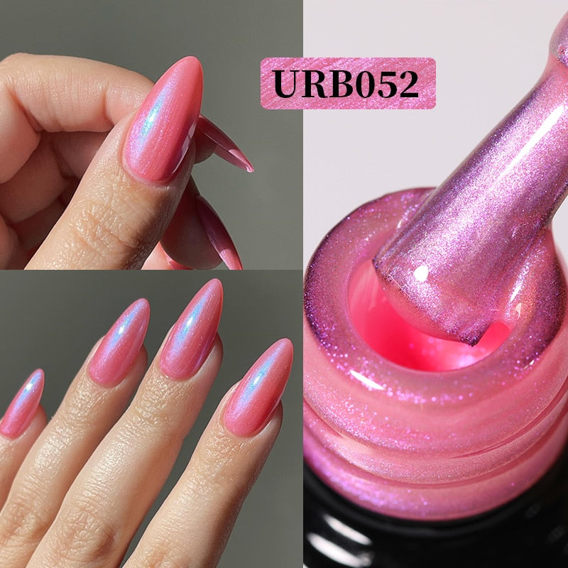 Aurora Rubber Gel Nail Iridescent Pearl Effect Metallic Mirror Nails Manicure Soak Off UV LED No Wipe Top Coat Base Gel