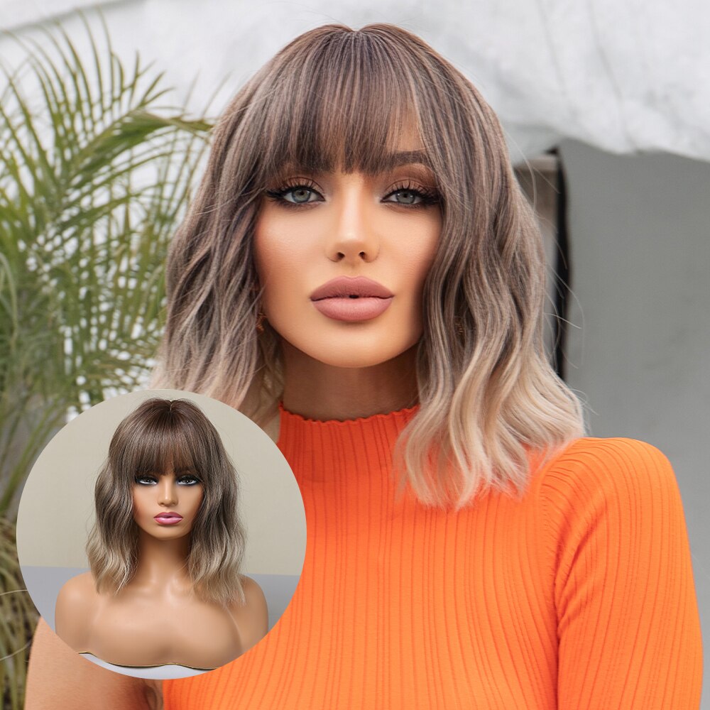 Grey Wavy Bob Wigs With Bangs Short Blonde Wavy Bob With Dark Roots