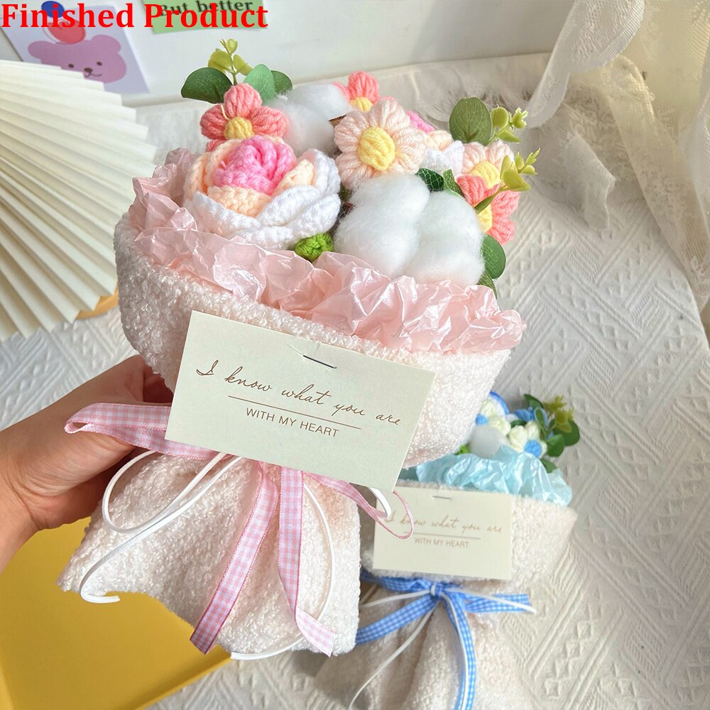 Knitting Flowers Rose Tulip Artificial Fake Flowers Bouquet Wedding Decoration Hand-woven Home Decorate Knit Fake Flower Gifts