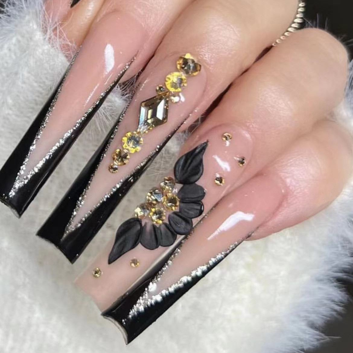 24Pcs Wearable False Nails with glue Long Ballerina Pink Press On Nails French Full Cover Coffin Fake Nails tip with rhinestones