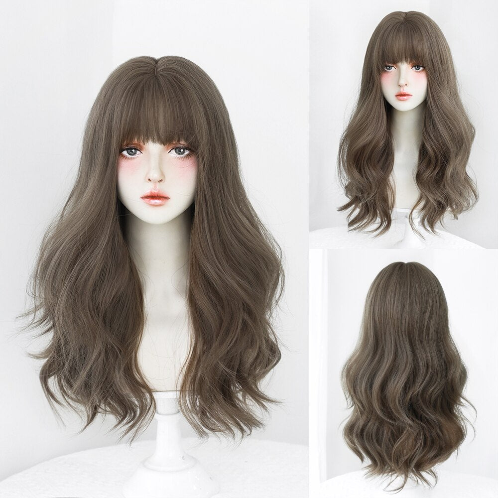 Long Curly Hair Women Wig with Bangs Daily Brown Black Pink Lolita Cosplay Braided Wigs Heat Resistant Fiber