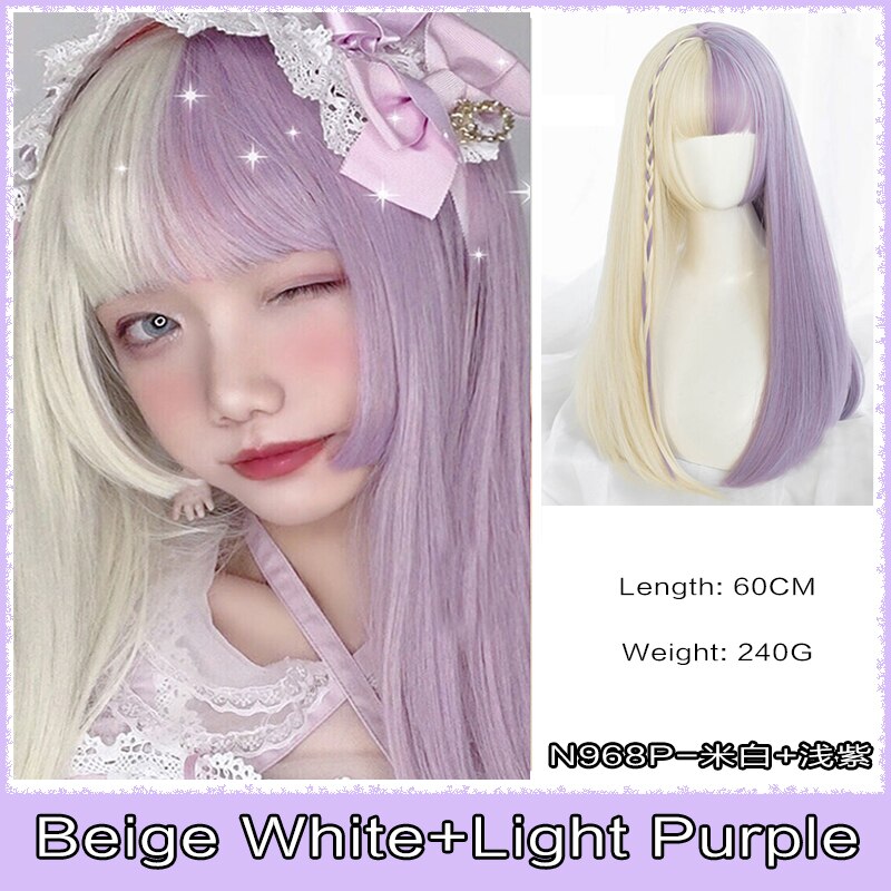 Cosplay Wig With Bangs Synthetic Straight Hair 24 Inch Long Heat-Resistant Pink Wig For Women