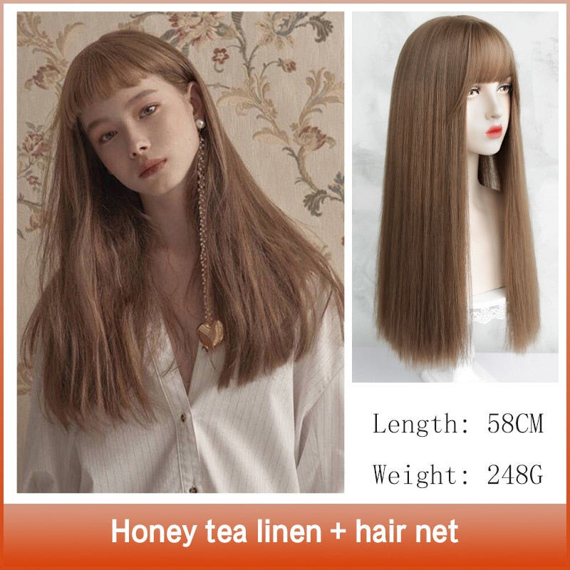 Cosplay Wig With Bangs Synthetic Straight Hair 24 Inch Long Heat-Resistant Pink Wig For Women