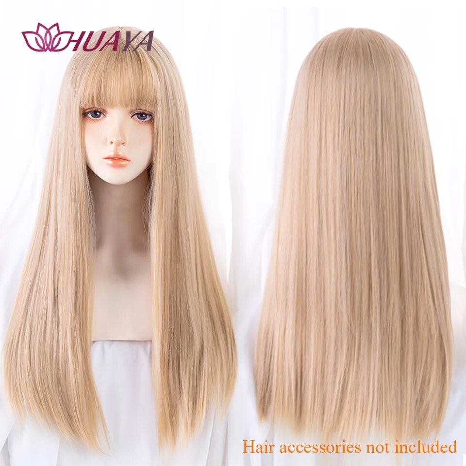 Long Straight Wig with Bangs Purple-White Heat Resistant Synthetic Hair Wigs for African American Girl Lolita Cosplay Wig
