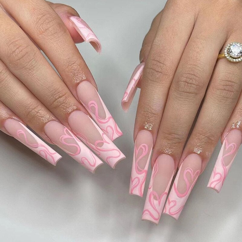 24Pcs Wearable False Nails with glue Long Ballerina Pink Press On Nails French Full Cover Coffin Fake Nails tip with rhinestones