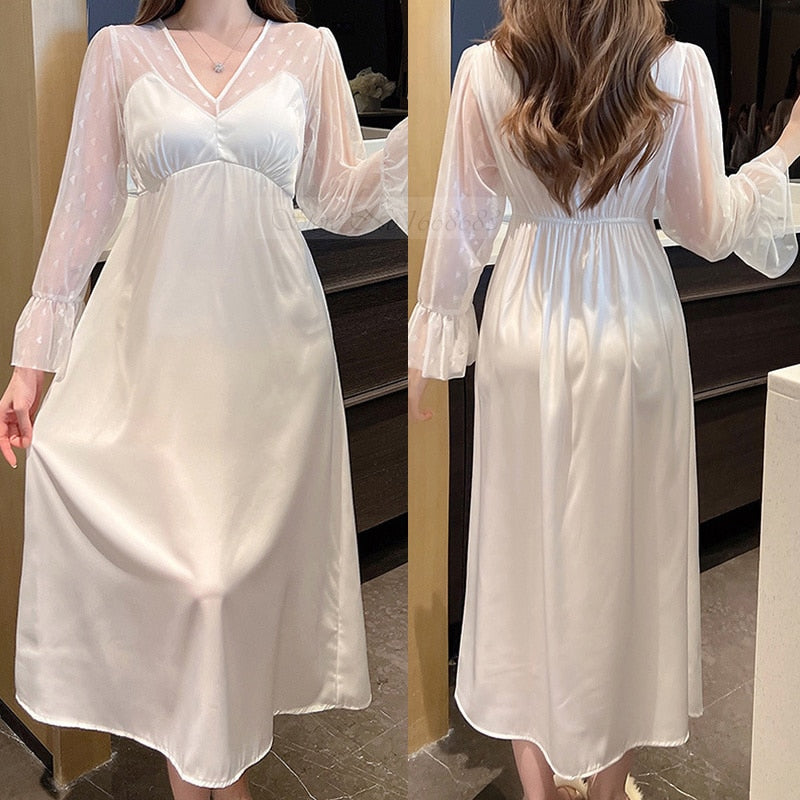 Nightgown Women Sexy Satin Silk Lace Long Sleeve Night Dress Palace Vintage Sleepdress Loose Sleepwear Homewear Home Dresses