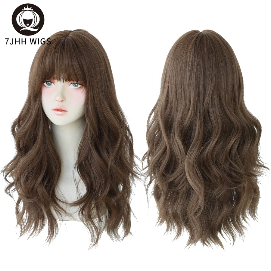 WIGS Brown Ash Long Deep Wave Hair Lolita Wigs With Bangs Synthetic Wig For Women Thick Curls Wigs