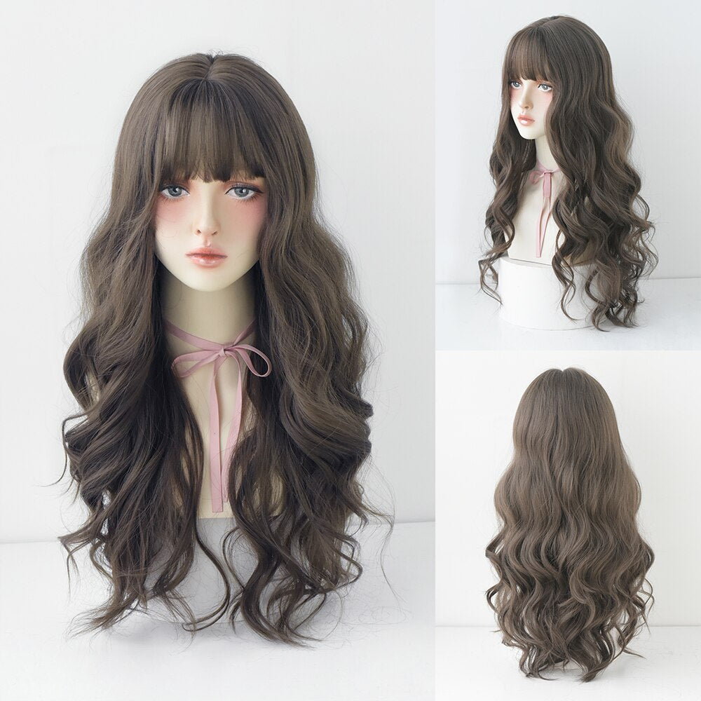 Long Curly Hair Women Wig with Bangs Daily Brown Black Pink Lolita Cosplay Braided Wigs Heat Resistant Fiber
