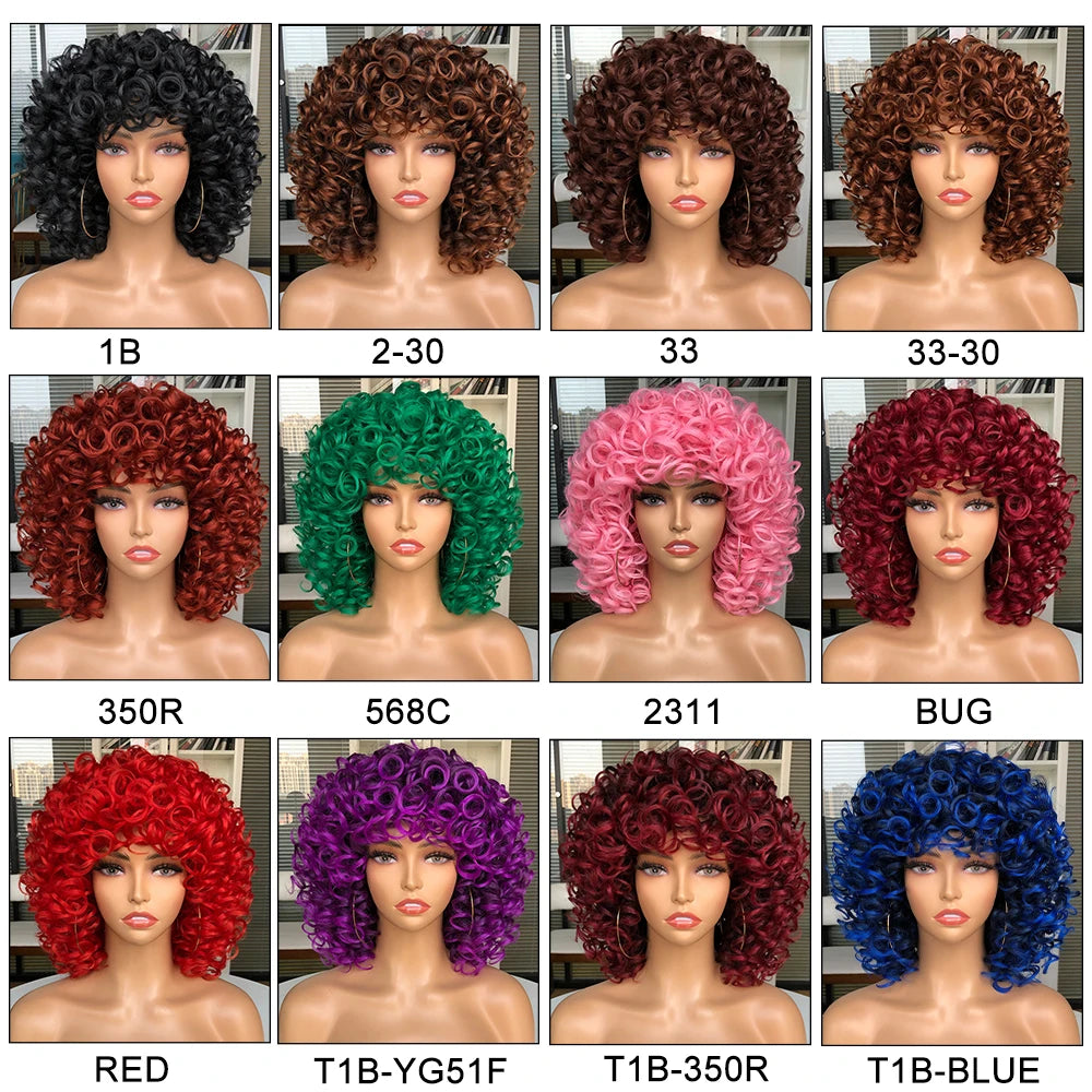 Synthetic Hair Short Afro Kinky Curly Wigs with Bangs For Black Women Cosplay Natural Hair Ombre Mixed Brown Blonde Wig