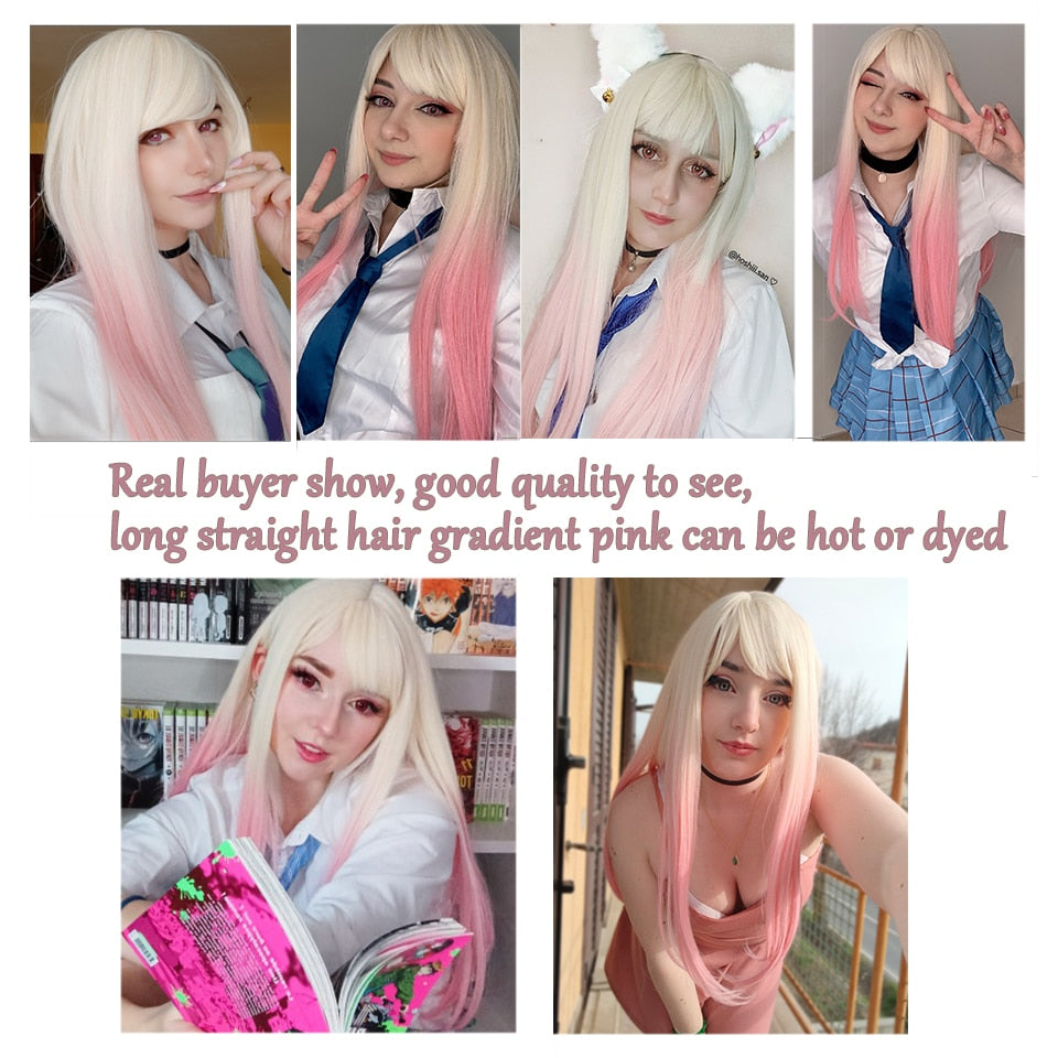 Long straight hair synthetic wig girl pink white gradient bangs cosplay Lolita party heat-resistant wigs