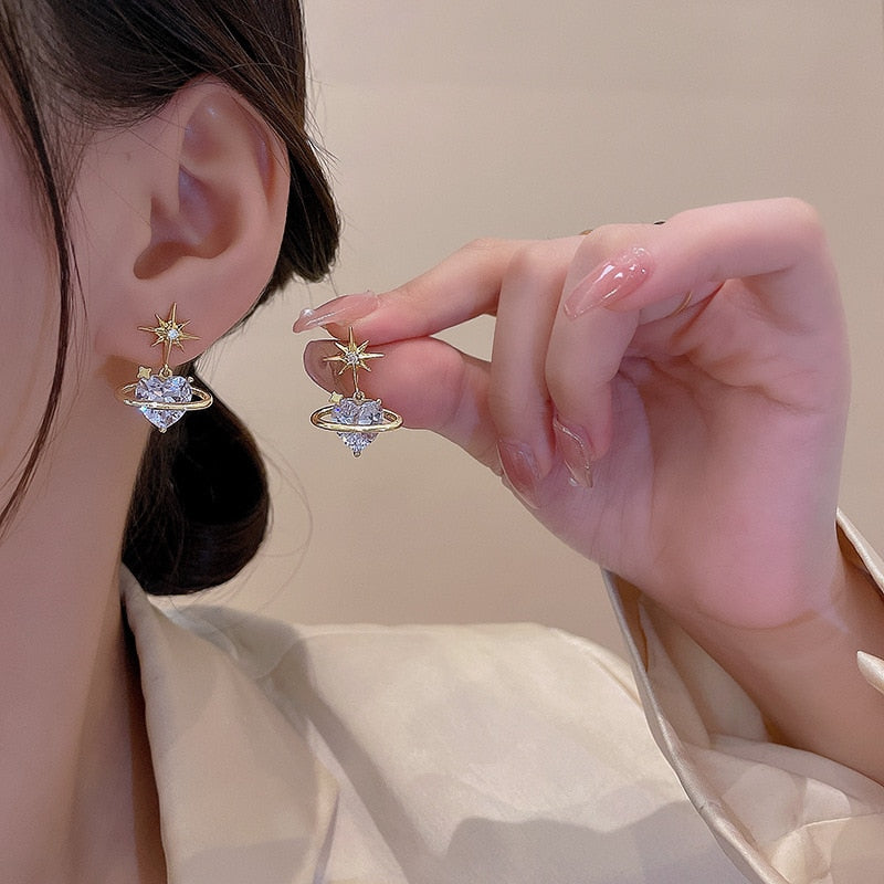 Korean Shine Six-manifold Star Earrings Women French Retro Planet Simple Design Versatile Temperament Stud Earrings Jewelry